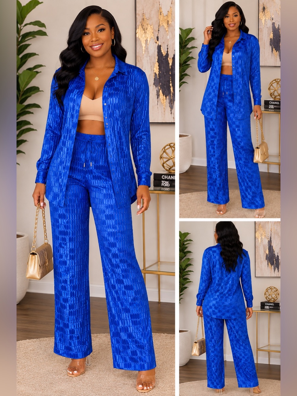 Blue Textured Two-Piece Pants Set - Women